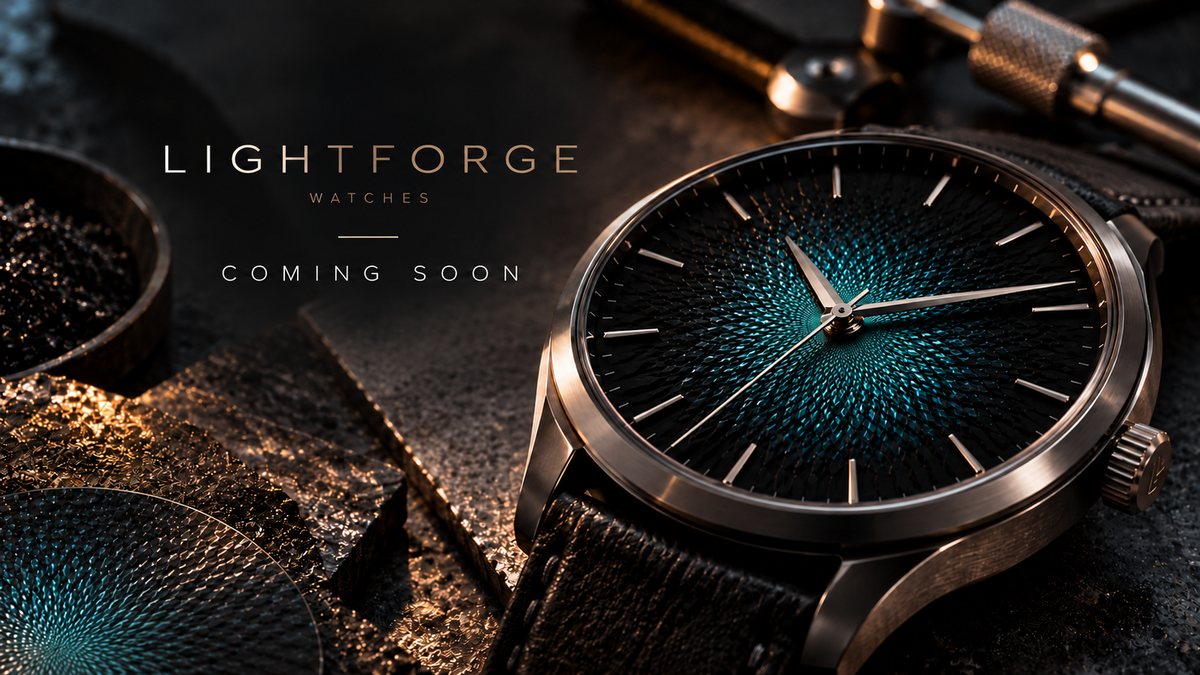 LightForge Watches – Coming Soon, beside a watch with a teal guilloché-style dial